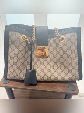 Gucci Beige GG Supreme Tote with Black Trim and Gold Hardware